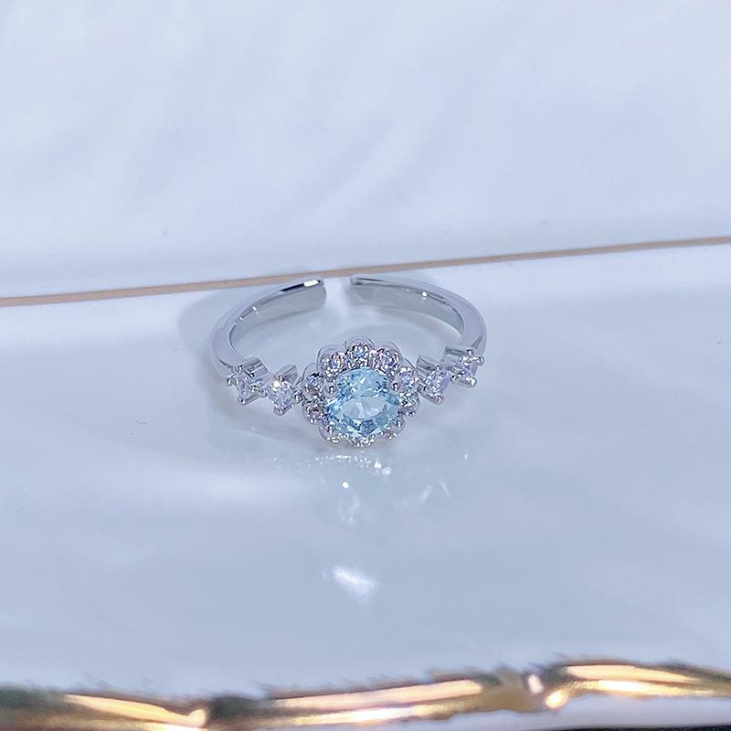 Caibao Personalized Sea Blue Micro-Inlaid Zir*****Pen Ring Female Geometric Niche Light Luxury High-End Ring Female