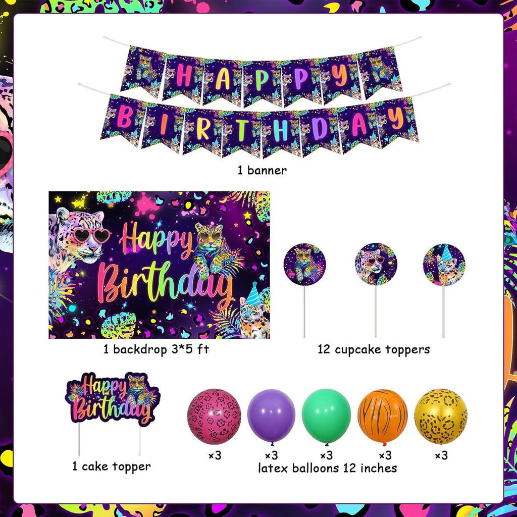 Cheereveal Rainbow Cheetah Birthday Decorations for Boys Girls - Leopard Print Happy Birthday Backdrop, Cheetah Wild Cake Cupcake Toppers, Jungle