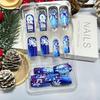 Snowflake Press on Nails Christmas Long Square Fake Nails Winter Snowman Acrylic Glue on Nail Glossy Xmas Stick on Nail for Women