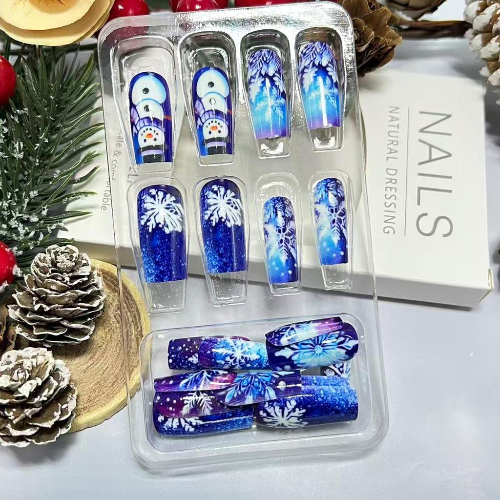 Snowflake Press on Nails Christmas Long Square Fake Nails Winter Snowman Acrylic Glue on Nail Glossy Xmas Stick on Nail for Women