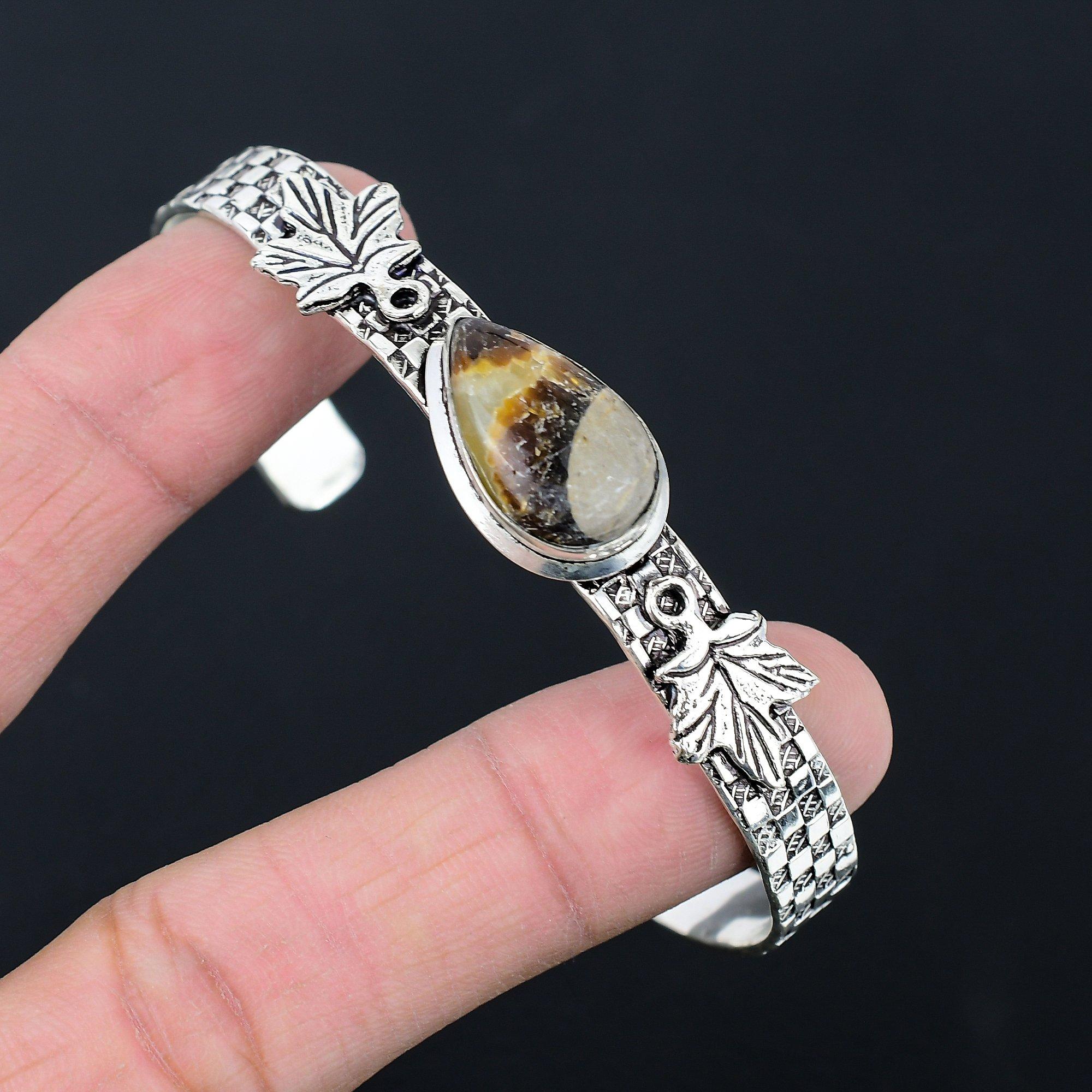 

925 Silver Septarian Gemstone Unique Ethnic Leaf Handcrafted New Bangle Bracelet Adjustable