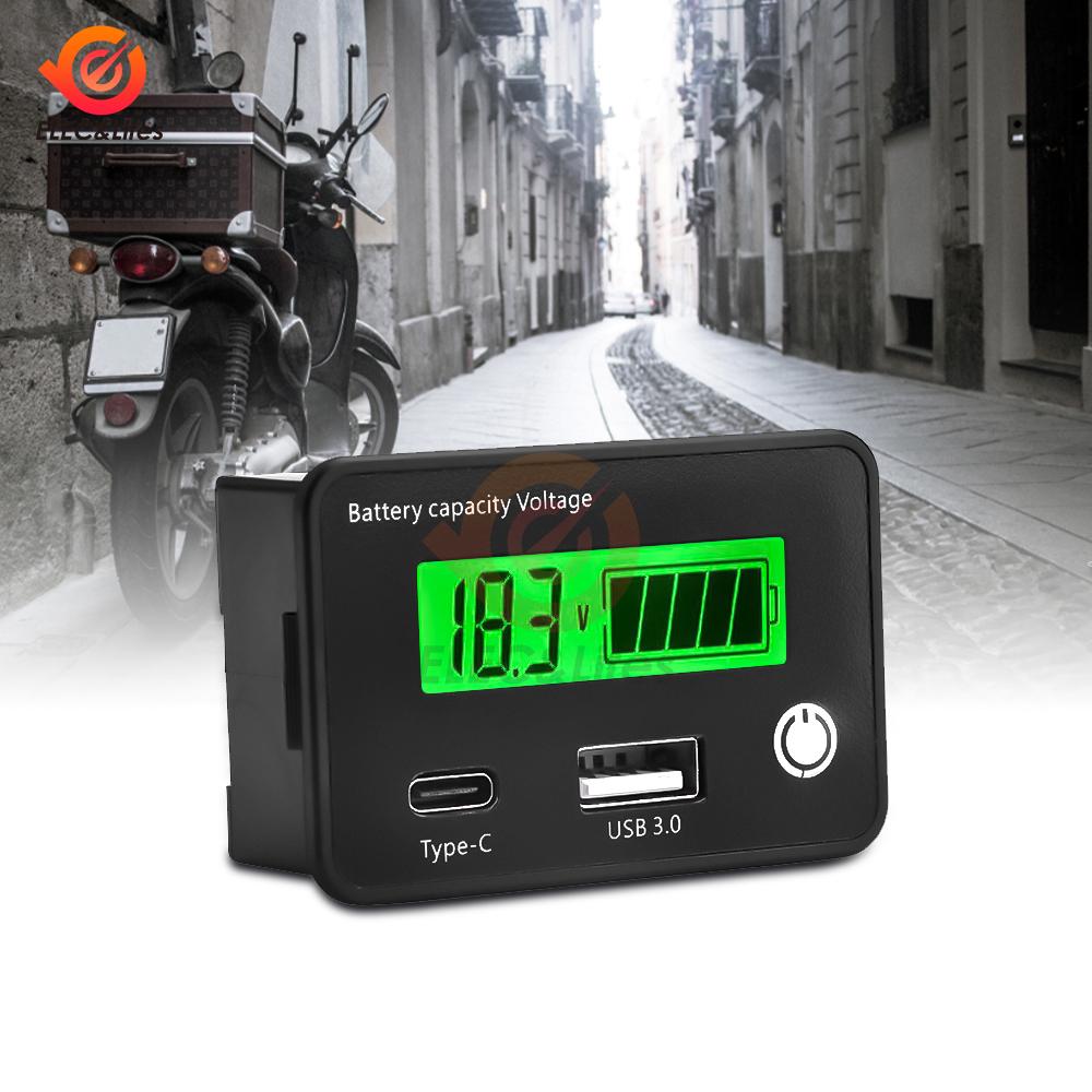DC 8-11V USB1.1+Tpye-C Lead Acid Lithium Battery Capacity Indicator Car Motorcycle Digital Voltmeter Voltage Tester Meter Tool