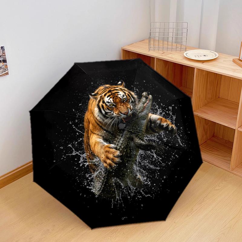1 PC Automatic Folding Umbrella - Tiger Hunting Its Prey Pattern, Portable & Foldable Design with 8 Ribs, Christmas Birthday Gifts