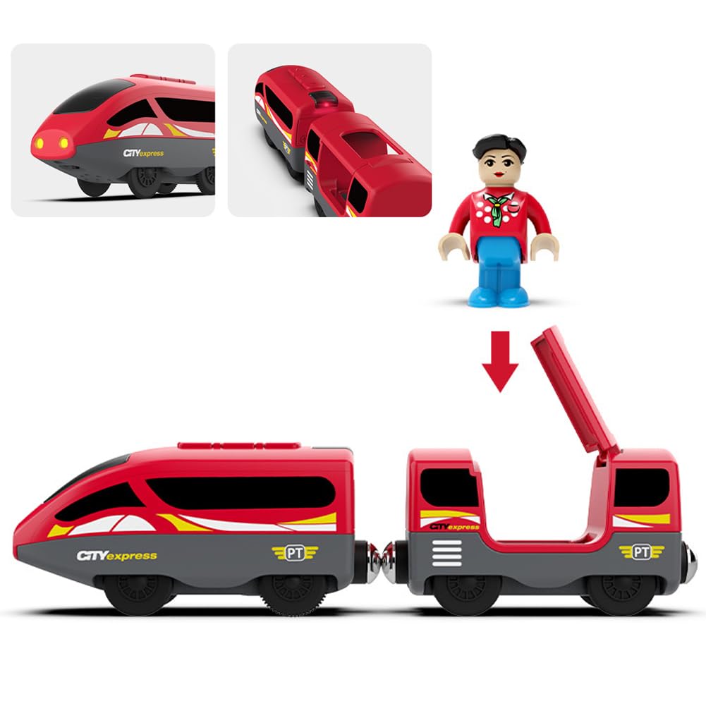 TOPLIVING Wooden Train Track Accessories Battery-Operated Locomotive with Magnetic Connection Compatible with Thomas, Brio, and Chuggington