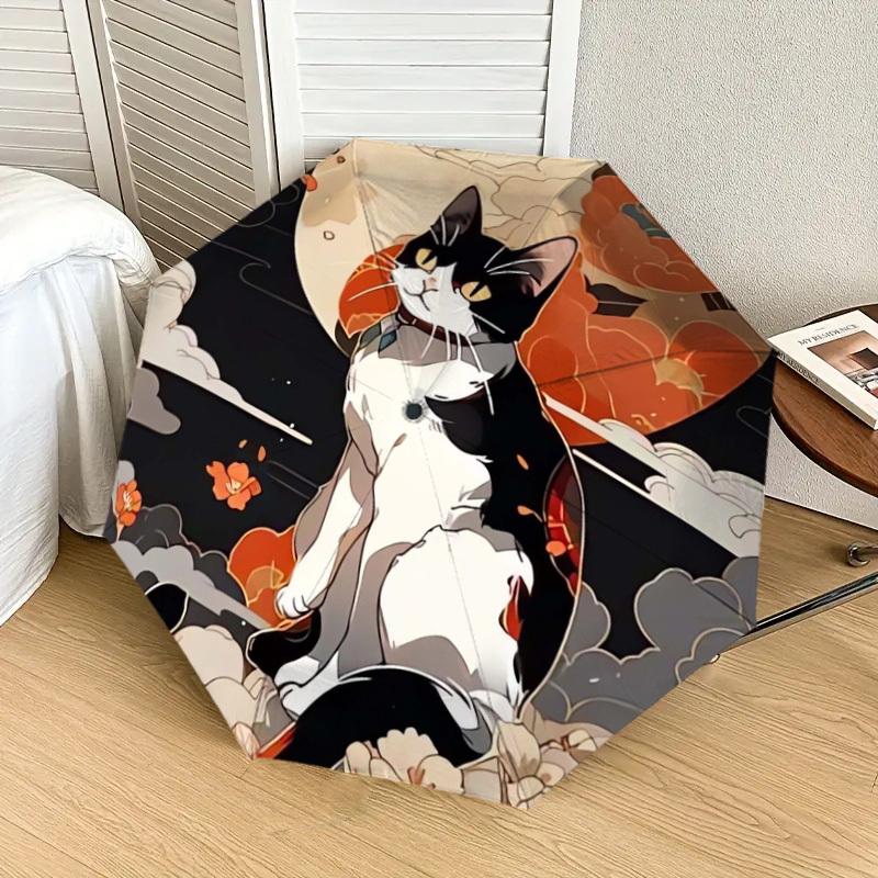 1pc Japanese Cat Moon Night Flowers Umbrella with Plastic Handle,Suitable for All Seasons Home Travel Outdoor UmbrellaDD637