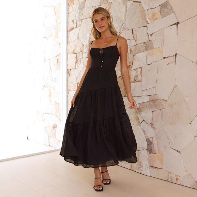 European and American Women clothes New 2025 Sleeve Patchwork Sling Long Backless Lace-up Big Hemline Dress
