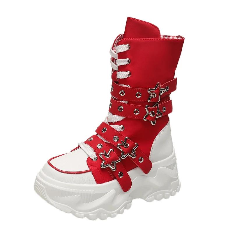 Fashion 8CM Women Chunky Mid-Calf Boots New Autumn Canvas High Platform Round Toe Buckle Ladies Shoes Motorcycle Boots Winter Sneakers