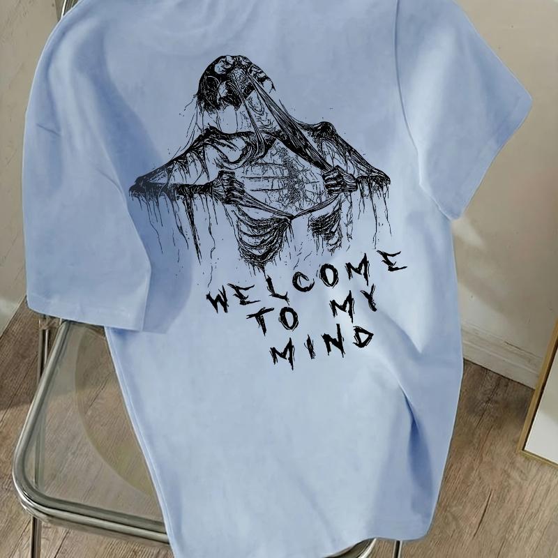 Cool Skull "WELCOME To MY MIND" Letter Print, Women's Round Neck Short Sleeve T-Shirt, Women's Athletic T-Shirt, Suitable for Daily Wear