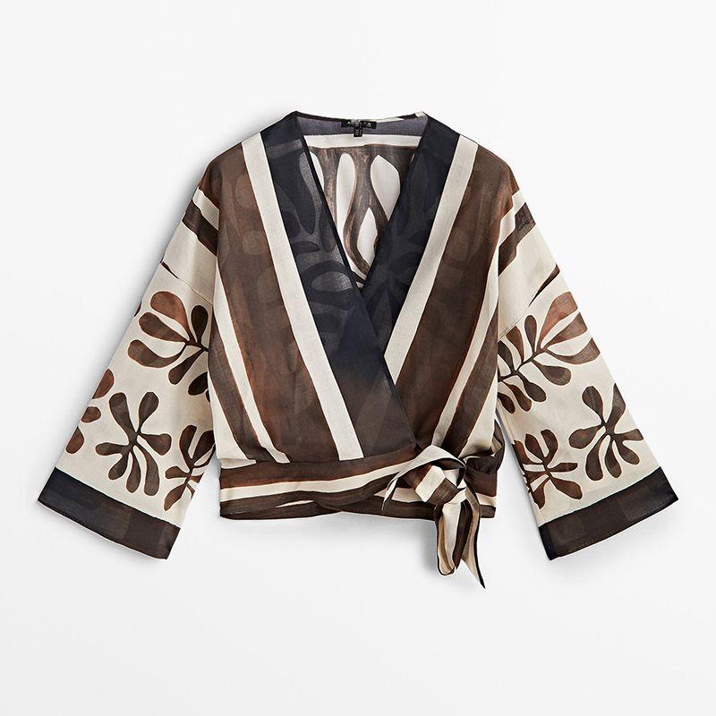 

MD Women s Clothing New Bohemia Ethnic Print Wrap Lace-up Long Sleeve Shirt Female 05128824700 Brown L