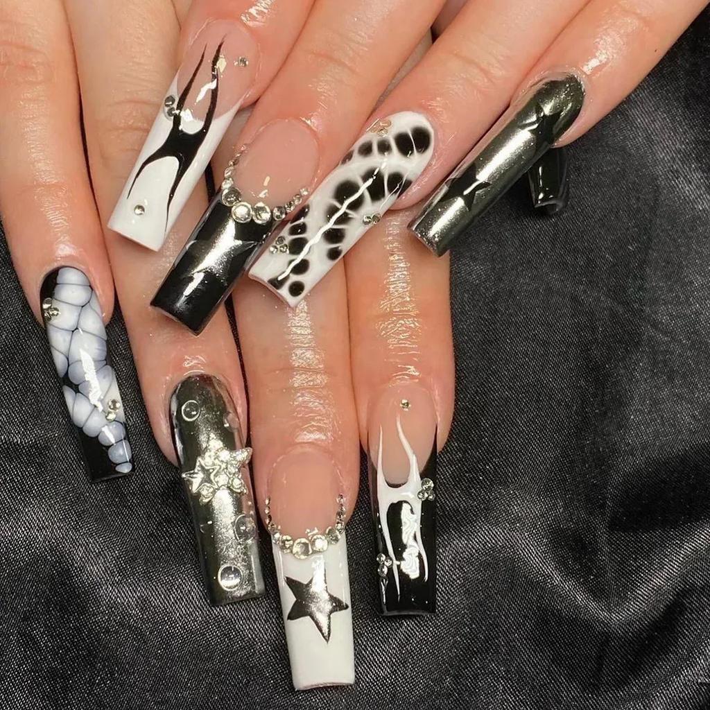 24 Pcs Pink French Tip Star Long Coffin False Nails Ballet Wearable Full Cover Press On Nail Tips Art