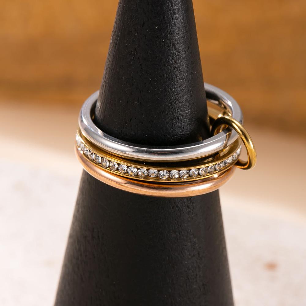 Titanium Steel Fashion Creative Plated Jewelry18k Gold Ring Three-Layer Plain Band with Inlaid Diamonds Stackable Rings Wholesale