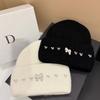 Winter High-Quality Bow Rhinestone Knit Hat Rabbit Fur Ear-Protection Warm Beanie Women
