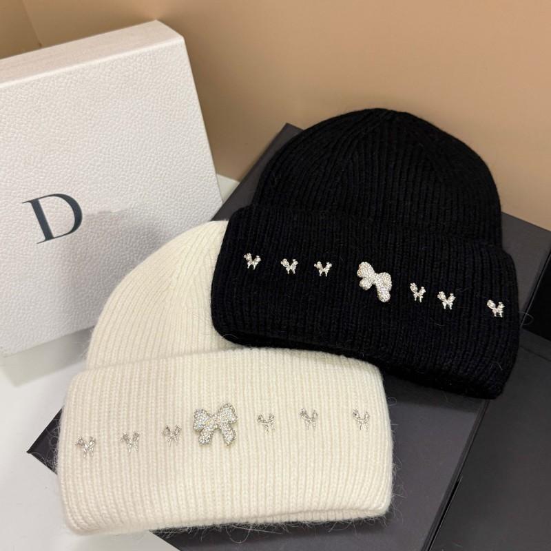 Winter High-Quality Bow Rhinestone Knit Hat Rabbit Fur Ear-Protection Warm Beanie Women
