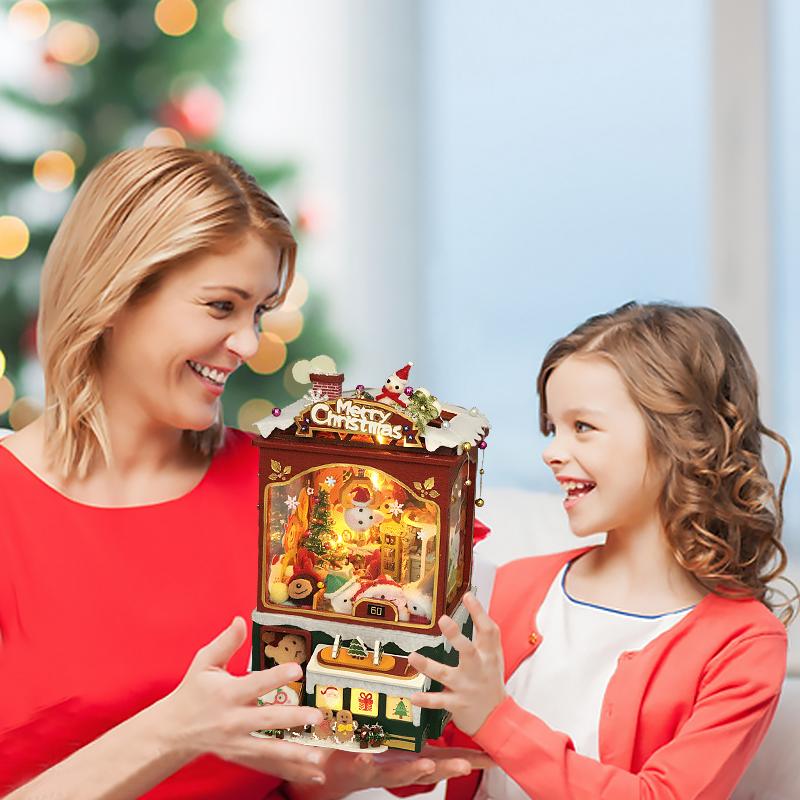 DIY Wooden Casa Doll House Kits Christmas Doll Machine Music Box Miniature Snowman Assembled Dollhouse 3D Puzzle Toys For Gifts