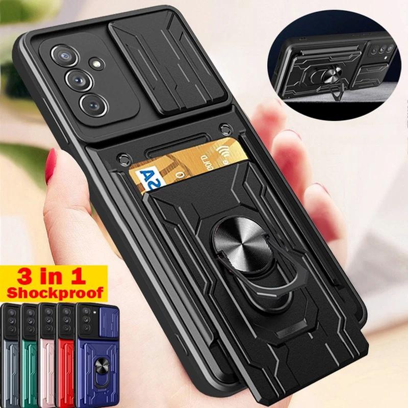 A04s Case Luxury Card Holder Slide Camera Protection Armor Ring Cover On For Samsung Galaxy A04s A04 S galaxyA04s Shockproof Phone Cases
