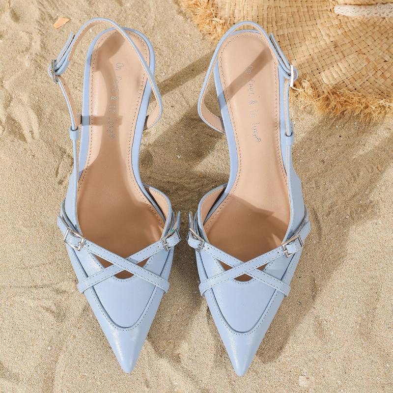 Fashion Fashion Blue Pointed Toe Thin Heel Sandals Women Elegant Cross Tied Buckle Slide Sandals Summer Comfortable Banquet Dress Pumps
