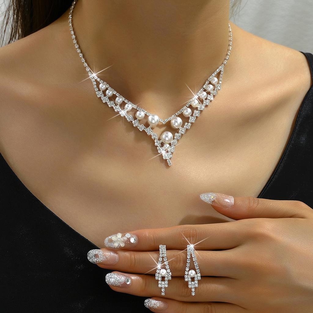 3pcs Wedding Women's Fashion Zircon Set Pearl Rhinestone Earrings Necklace Luxury Party Accessories
