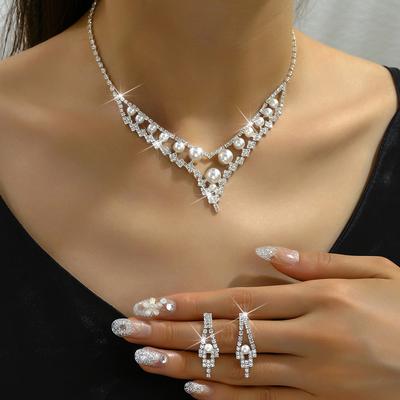 3-teiliges Hochzeits Damenmode Zirkon Set Perle Strass Ohrringe Halskette Luxus Party Accessoires