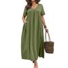 Women's V Neck Short Sleeve Textured Wrinkle Effect Loose Fit Dress with Pockets Casual Comfortable Midi Length