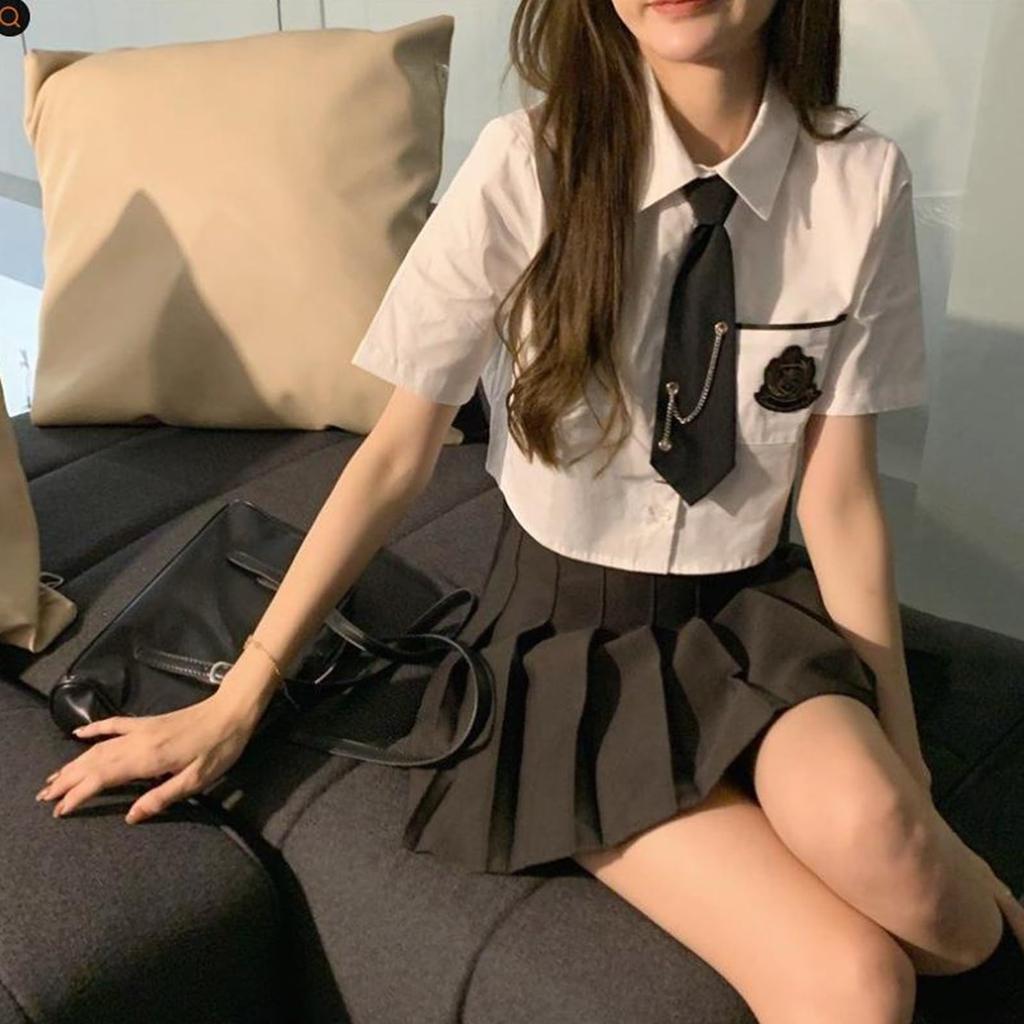 Set de 3 piese, uniformă JK scurtă, plisată, mare, pentru liceu, cu 2 baloane [SCGEHA], uniformă, mărime, cosplay, simplă, neagră, uniformă, JK, mânecă, fustă, cravată, set, (M)