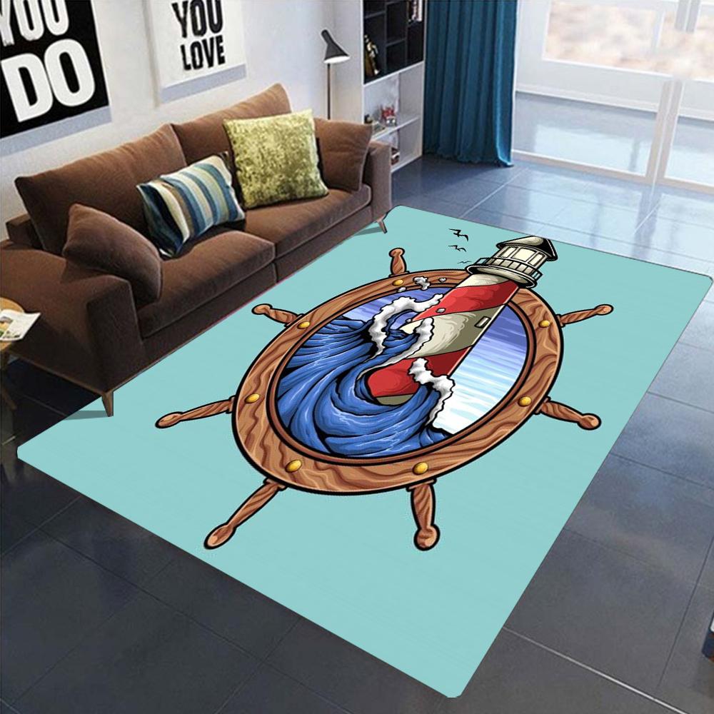 Nautical Theme Floor Mat, Various Marine Patterns Like Anchor Ship Wheel and Lighthouse Home Decor Non Slip Carpet