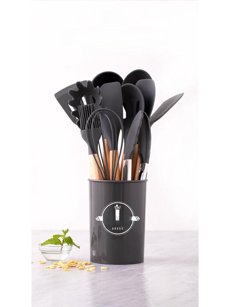 12-Piece Silicone Kitchenware Set with Wooden Handles: Non-Stick Cooking Spatulas and Tools