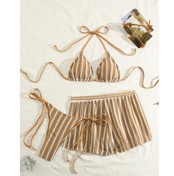 Style Boxer Shorts Mesh Three-piece Women's Swimsuit Neck Lace-up Bikini Set