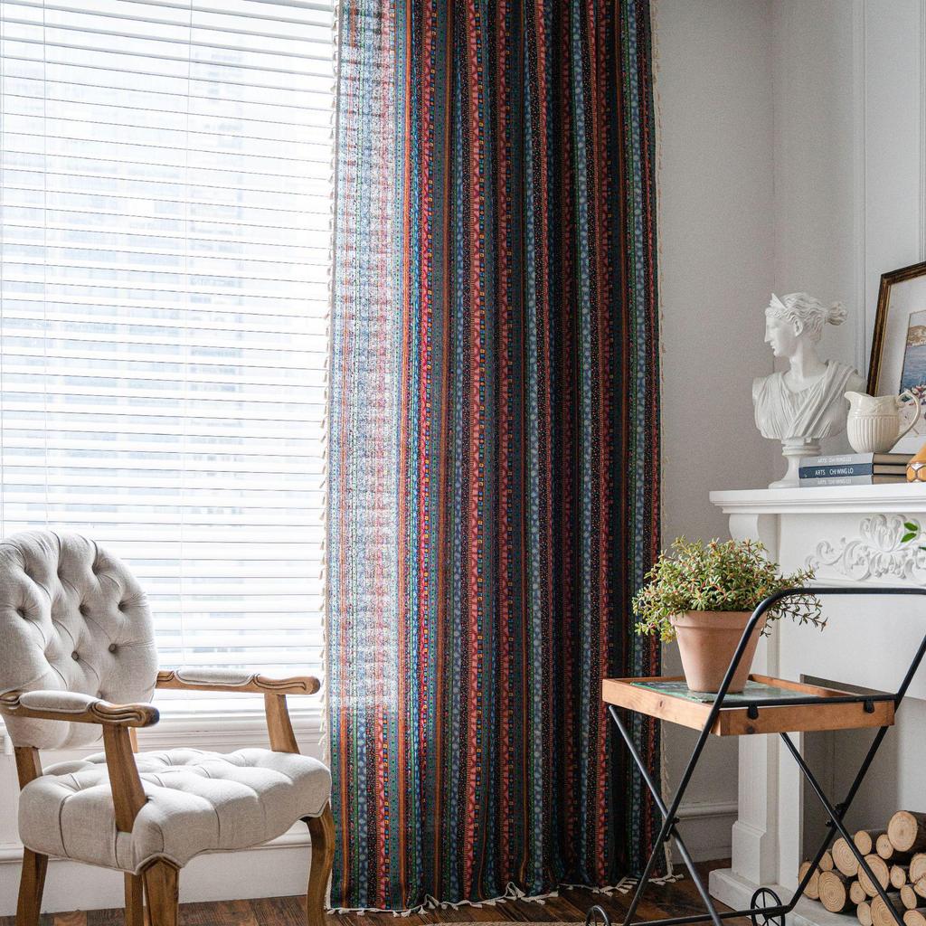 Yiman Qiyun Bohemian Striped Yellow Cotton-Linen Kitchen Curtain, Semi-Light-Blocking