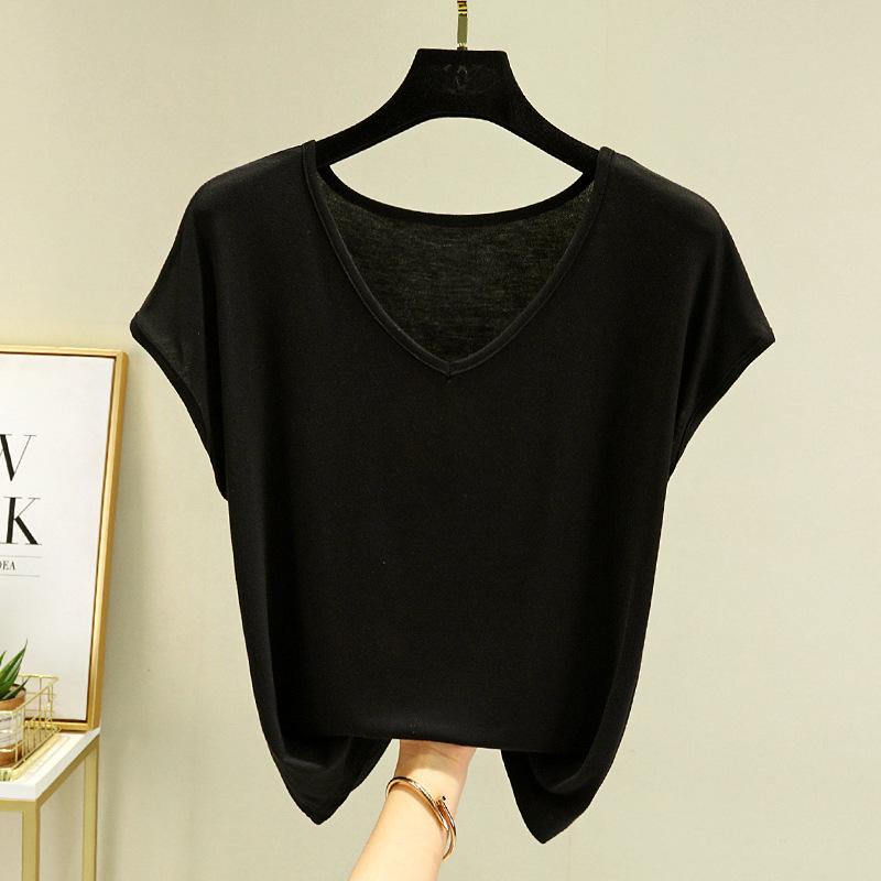 Letnia damska kamizelka bez rękawów z modalu Gładka V-neck Podstawowy T-shirt Luźny T-shirt z modalu Topy Codzienna podkoszulka