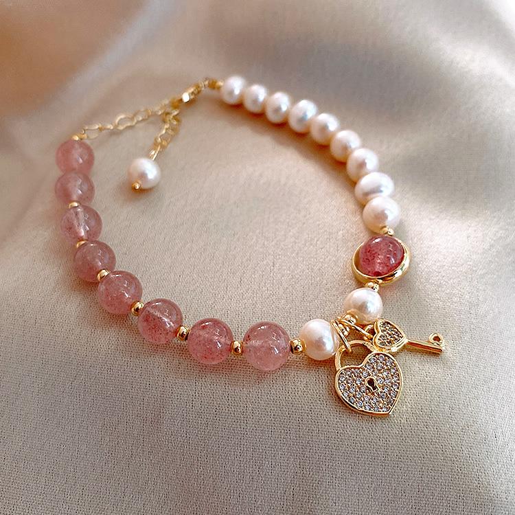 

Gold-Plated Freshwater Pearl & Strawberry Crystal Key Lock Baroque Bracelet for Women