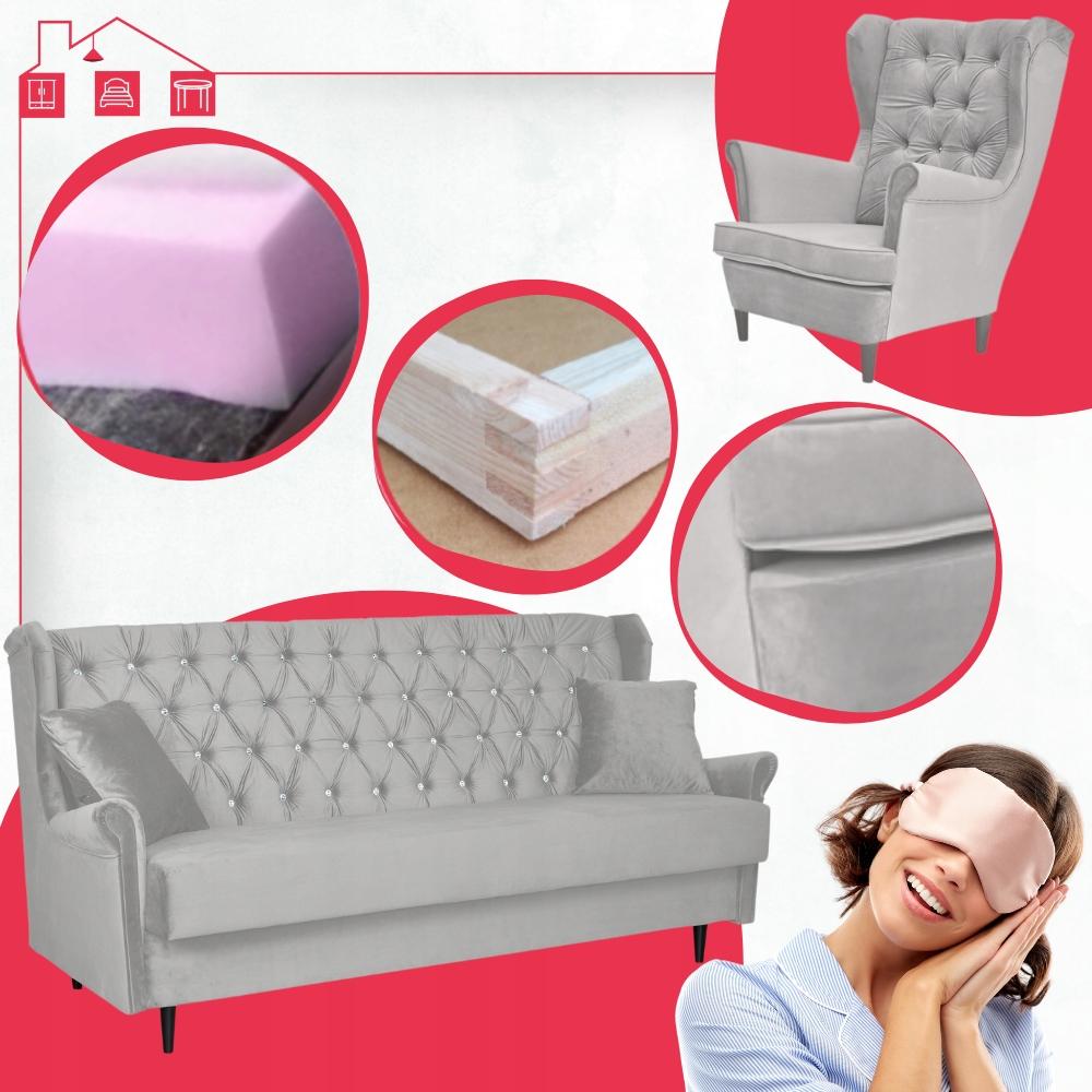 Zestaw wypoczynkowy welurowy komplet 2 fotele wersalka SZARY Family Meble