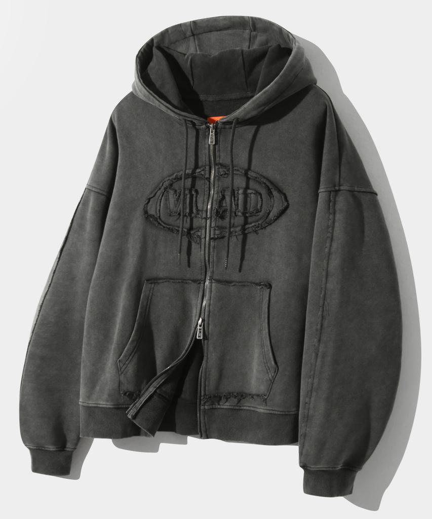 Dimitri Black Vlad Cutoff Applique Zip-Up Hoodie_Charcoal
