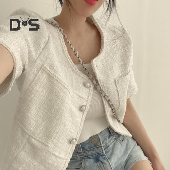 Women Coat Blazer French Style Elegant Short Sleeve Short Type Single Breasted Color Matching Spring Fall Jacket