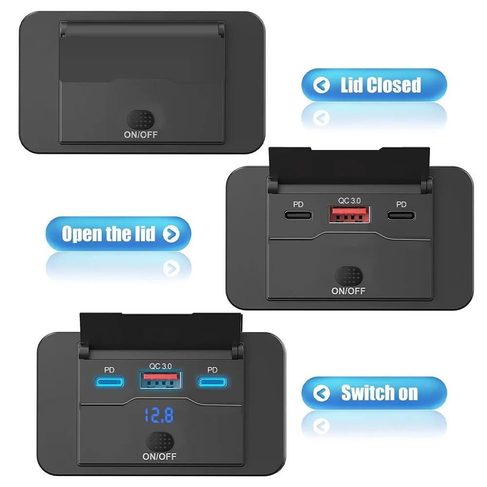 Dual QC3.0 PD 3 Ports Car Charger Socket USB Panel Fast Charging Car Power Outlet Adapter with Voltage Display for Bus RV ATV Truck Boat 12V 24V