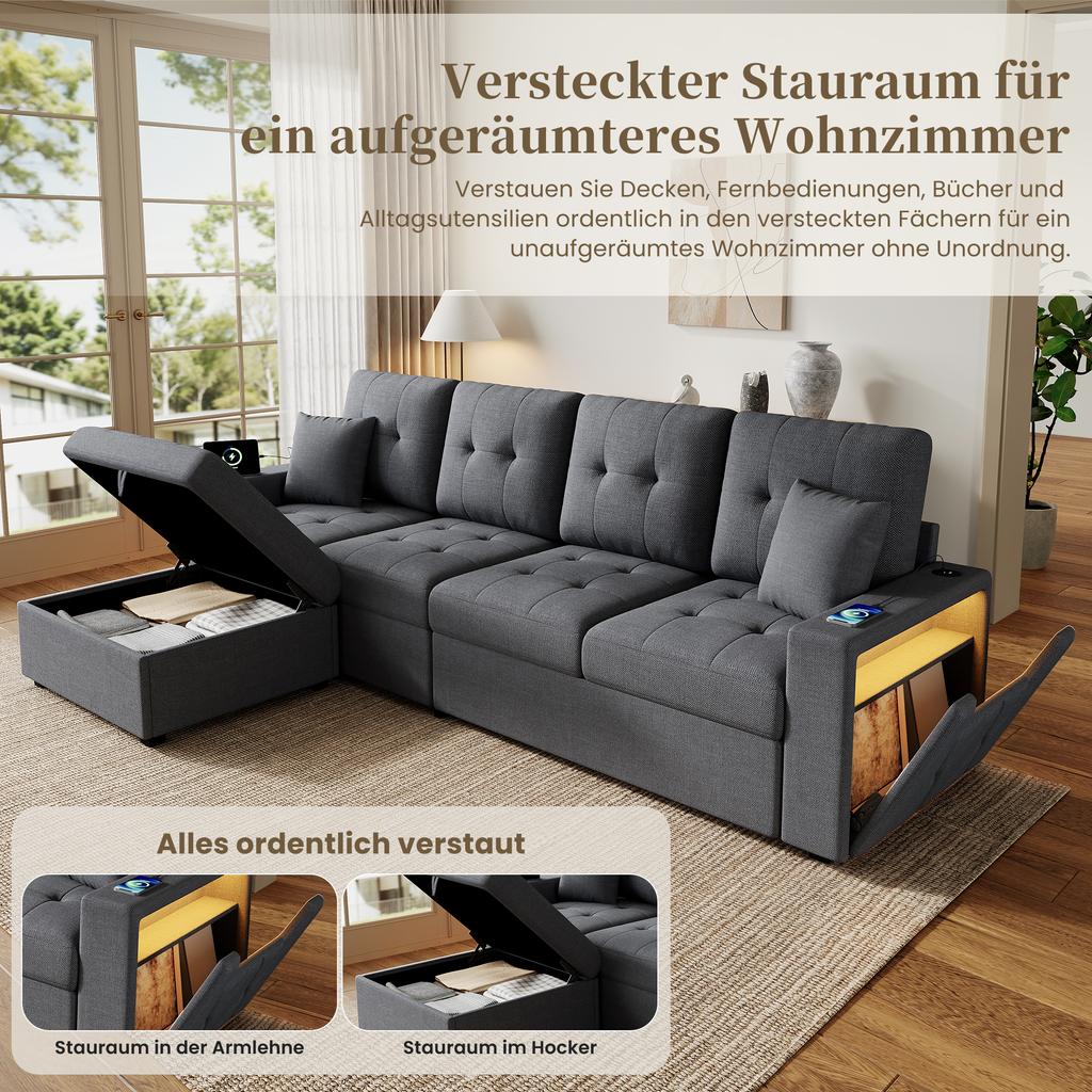 Modular L-Shaped Sofa with Freely Positionable Storage Ottoman, Double Armrest Storage, Charging Ports On Both Armrests and LED Mood Light