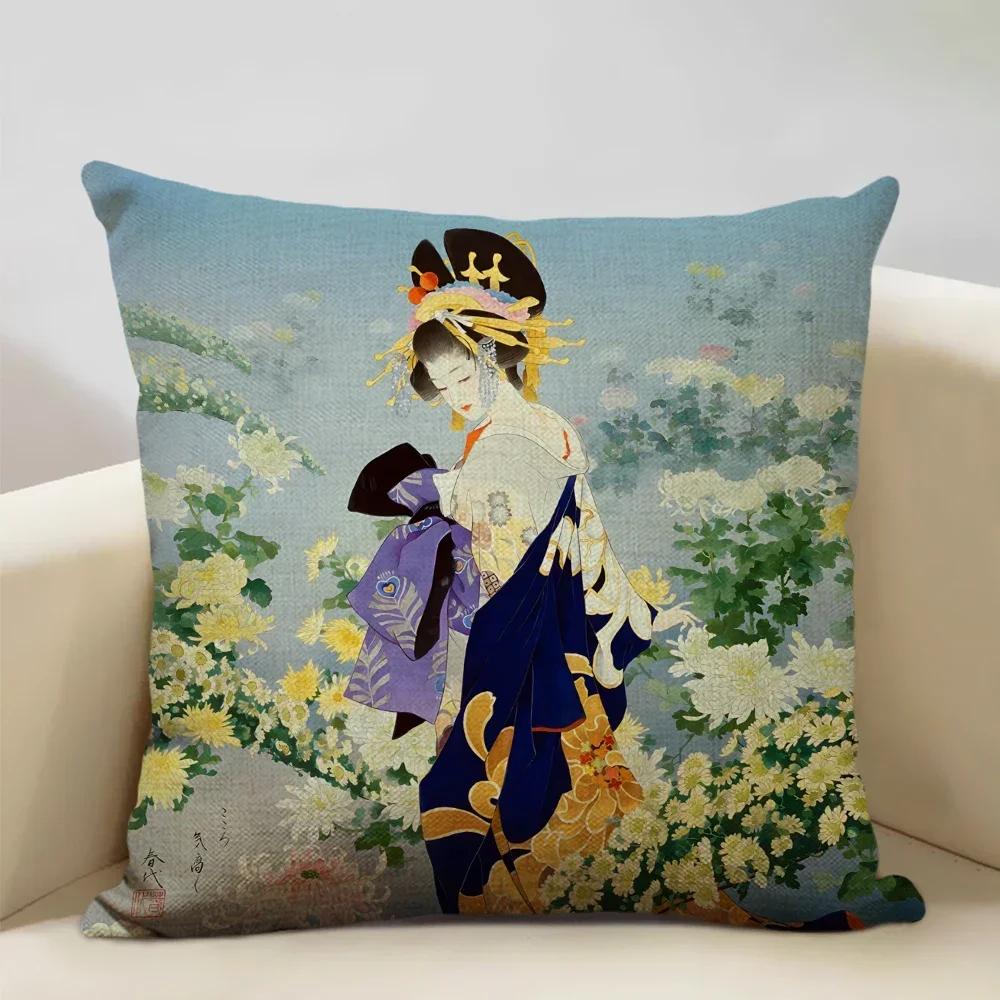 Classic Japanese Lady Decorative Cushion Cover Living Room Sofa Pillow Case 45x45cm Linen Pillowcase Home Art Decor