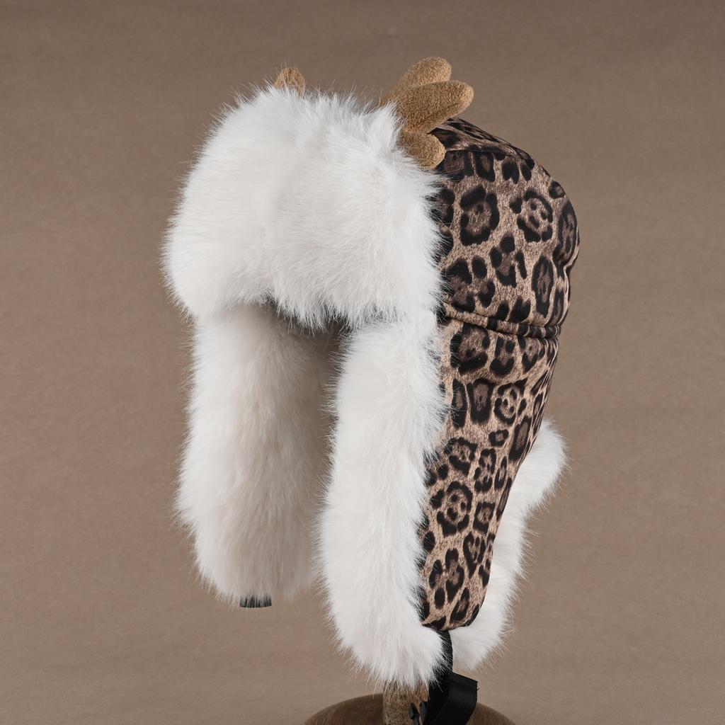 Antlers Leopard Print Hat Women's Winter Thickened Plush Ear Protection Hat Men's Outdoor Cycling Cold-proof Snow Mountain Hat