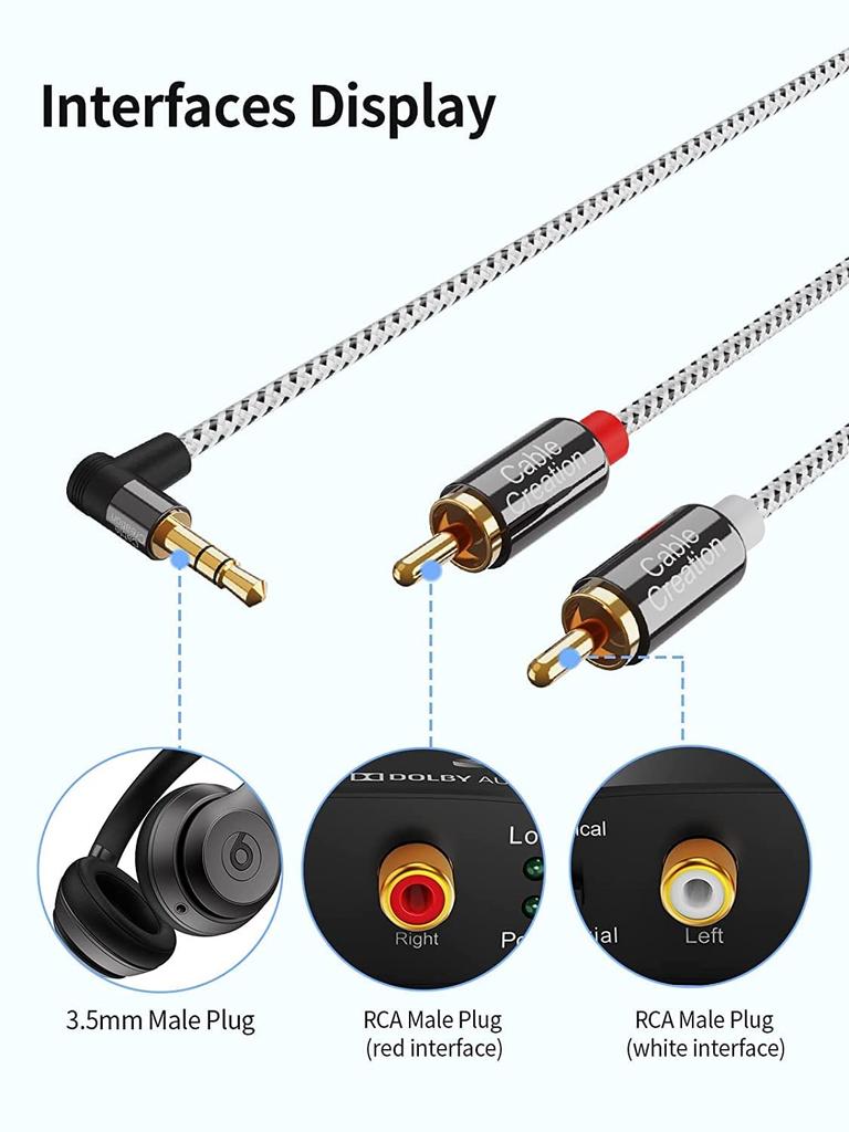 Cablecreation naar RCA Stereo Audio Conversiekabel Compatibel met 3,5 mm Y-Splitter Kabel, Smartphones/MP3-spelers/Luidsprekers/Tablets/Home
