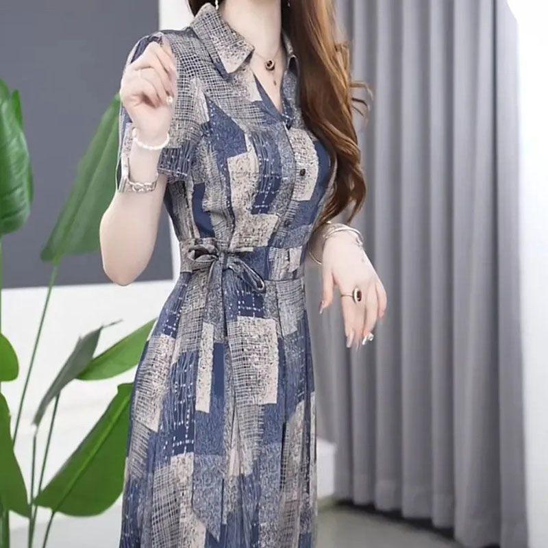 Summer Fashion Floral Print Dress Women Elegant Sash Waist Slim Midi Dress Stylish Personality