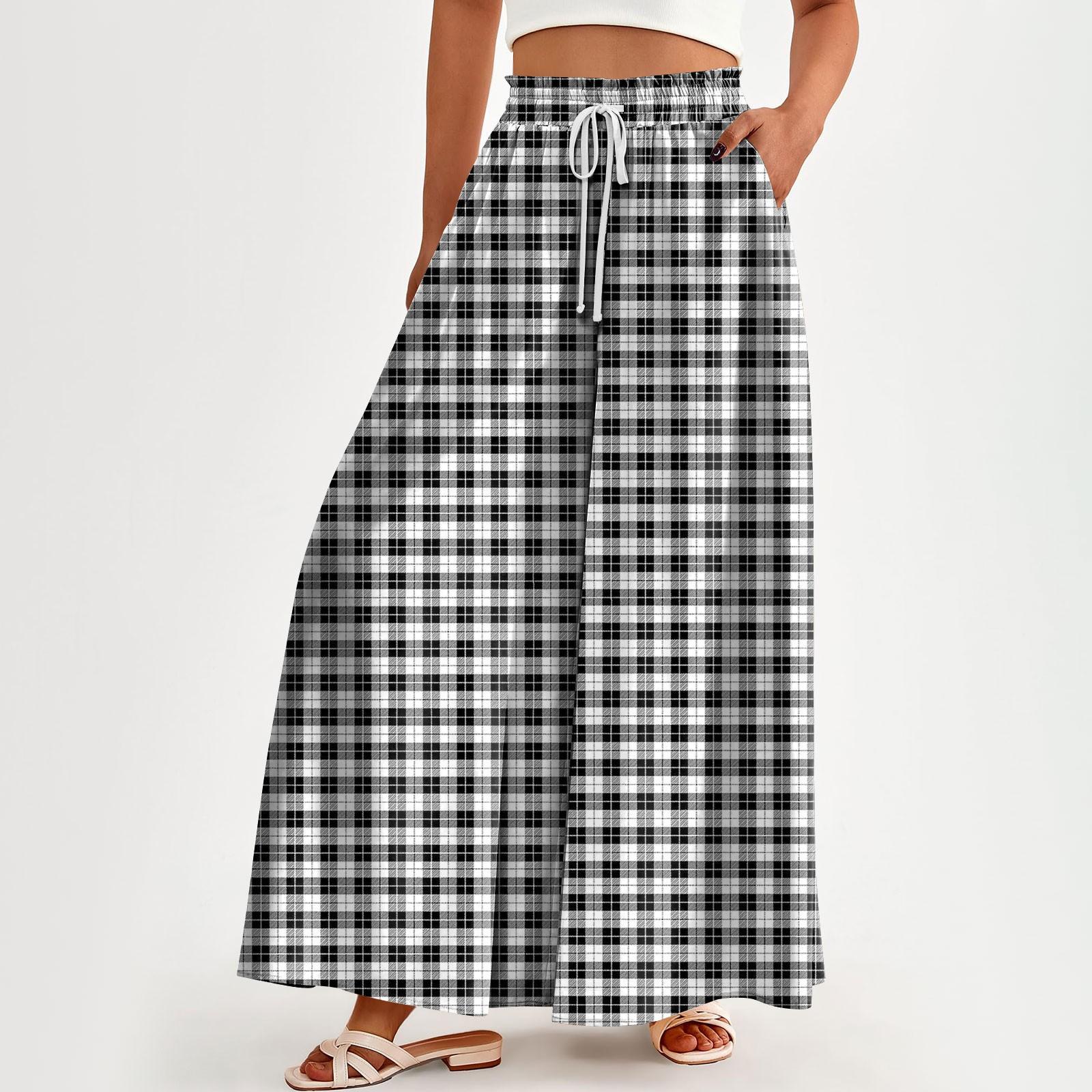 

Женские брюки с высокой талией, широкие, повседневные, струящиеся брюки-палаццо, клетчатые брюки с карманом XL белый