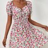 YYFS Abiti casual a vita alta con scollo a V a maniche corte con stampa floreale primaverile alla moda da donna
