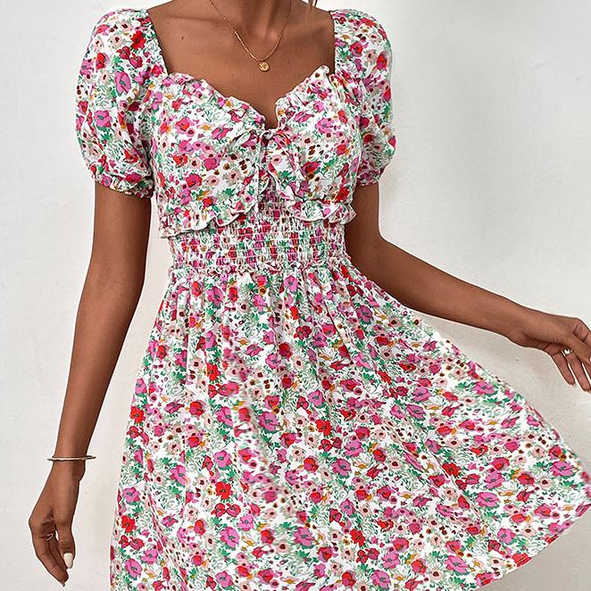 YYFS Abiti casual a vita alta con scollo a V a maniche corte con stampa floreale primaverile alla moda da donna