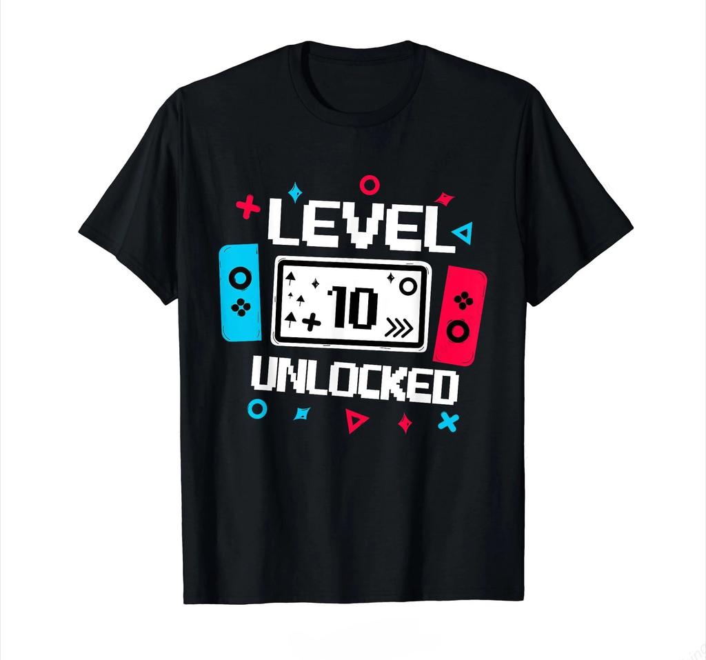 Level 10 Unlocked Gamer 10th Birthday Gift Video Game Lovers Mens Clothing Loose Tshirt Funny Round Man Printed Streetwear Tee