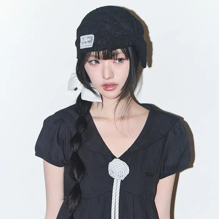 Black Bow Lace Beanie