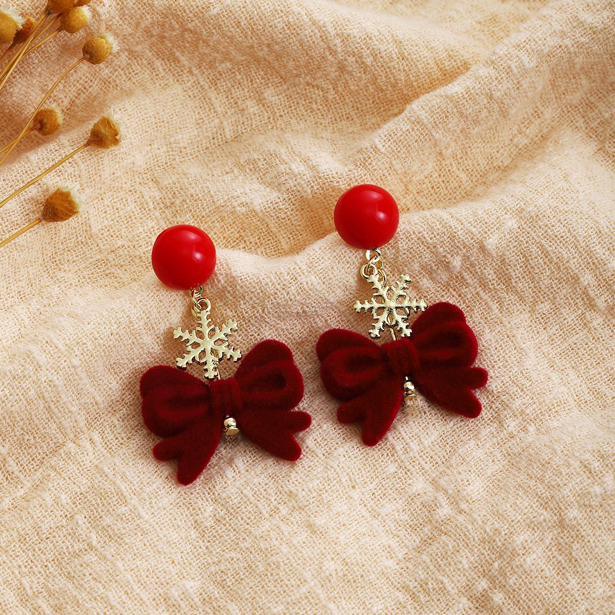 New Year S Ankara Red Flocking Bow Snowflake Earrings, Light Luxury High-End Sweet Temperament Earrings For Women