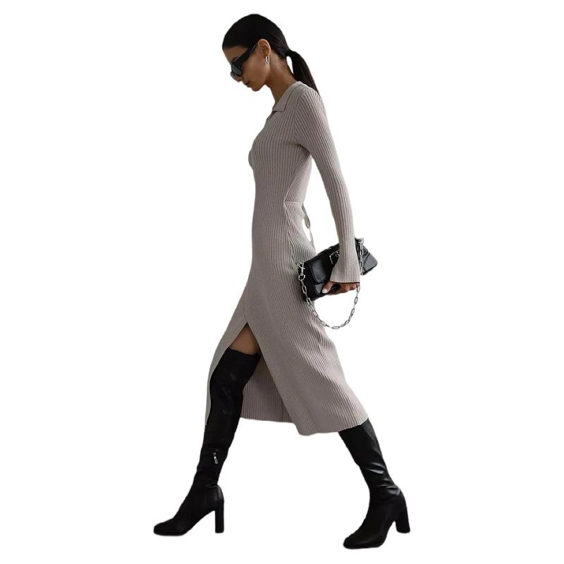 2026 spring new European and American Hepburn style sweater skirt women's lace-up long-sleeved solid color slim-fit dress women