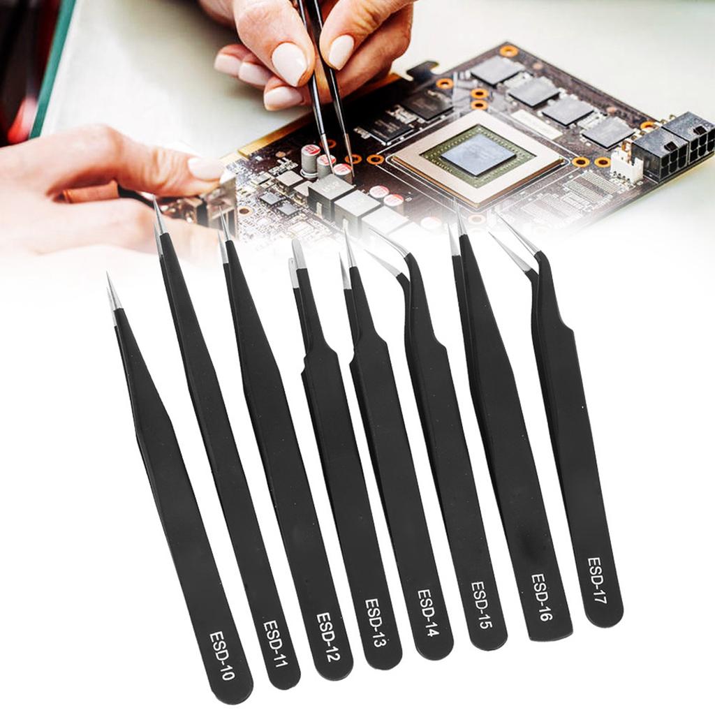 8Pcs Tweezers Stainless Steel Slant Professional Pneumatic Accurate Set ESD1017