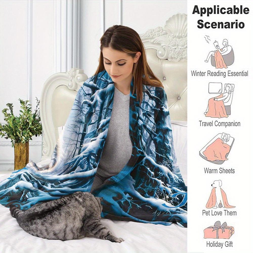 1 Customized Wolf Themed Blanket with Personalized Name, Soft Flannel Material, Winter Forest Design, Moon and Snowflakes