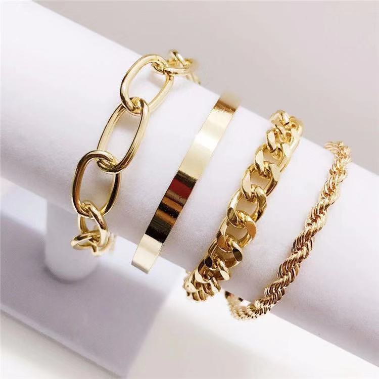 European & American Jewelry Alloy 4-Piece Set: Hip-Hop Cuban Bracelet & Punk Metal Twisted Rope Chain Cuff