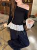 Women's Gray Slim-Fit Off-Shoulder Fur Collar Long-Sleeve Top for Autumn/Winter